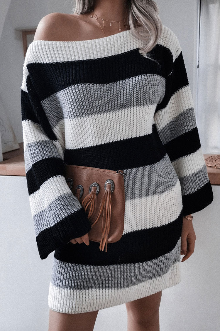 Boat Neck Contrast Striped Oversized Pullover Sweater Mini Dress