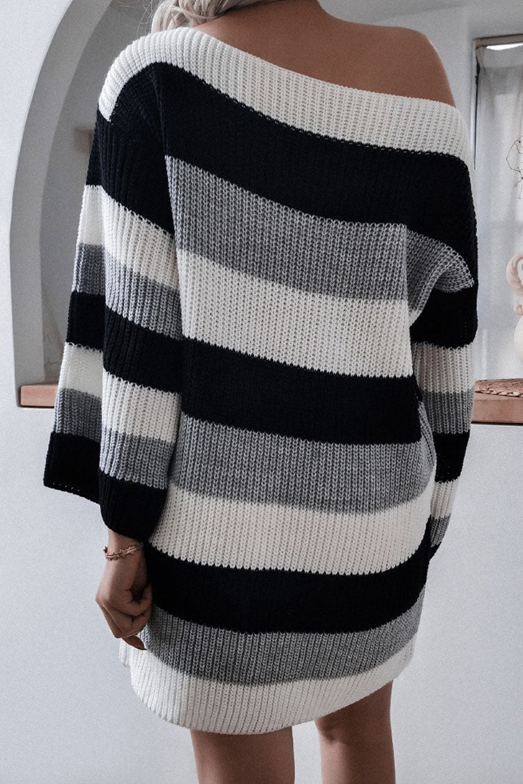 Boat Neck Contrast Striped Oversized Pullover Sweater Mini Dress