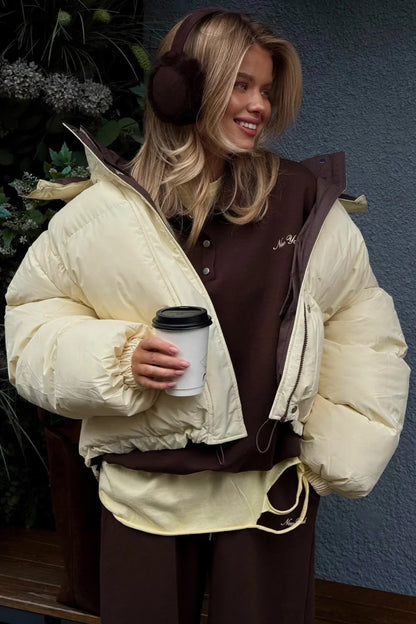 Casual Cropped Color Block Cotton Coat