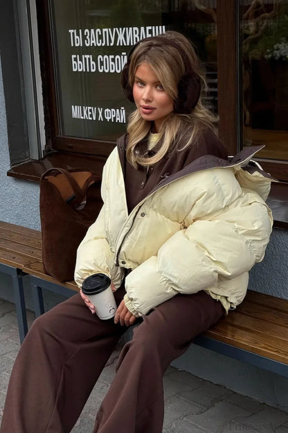 Casual Cropped Color Block Cotton Coat