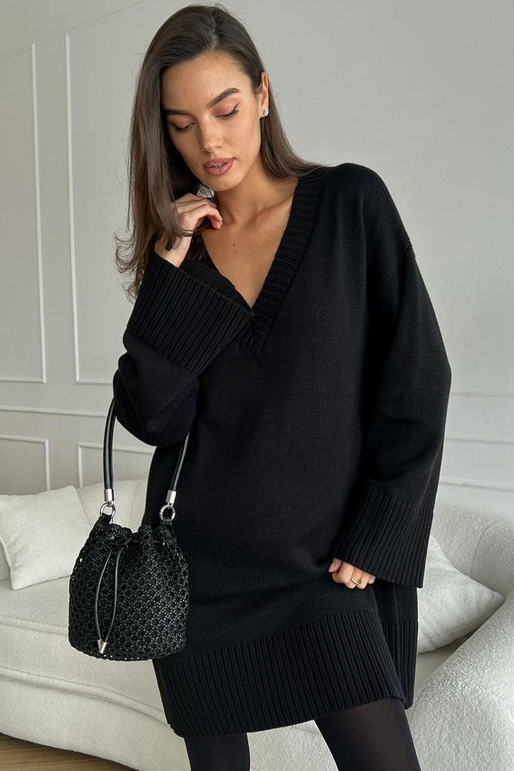 Deep V-Neck Oversized Ribbed Cuff Knit Sweater Mini Dress