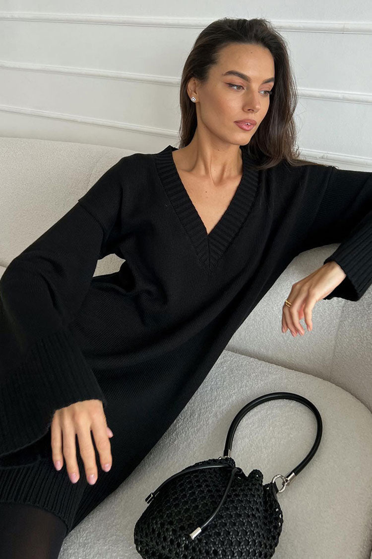 Deep V-Neck Oversized Ribbed Cuff Knit Sweater Mini Dress