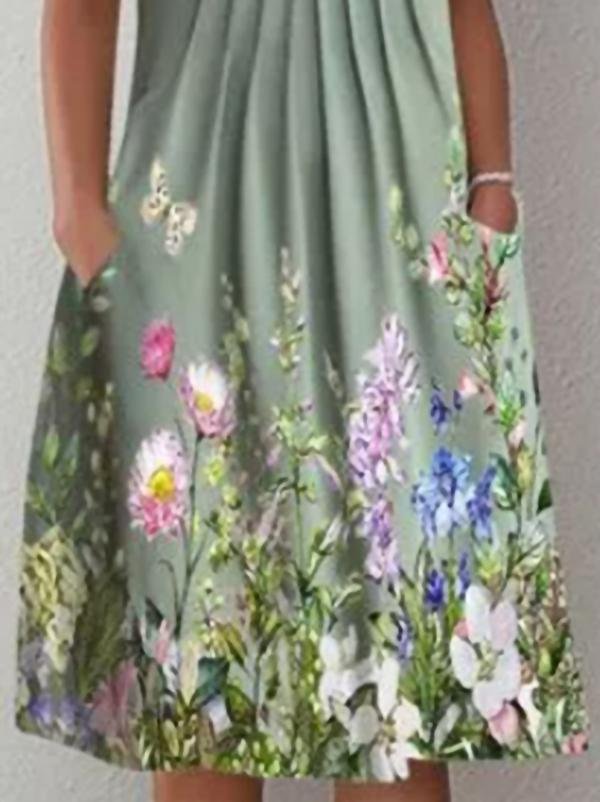 Round Neck Short Sleeve Pleated Front Floral Placement Print Pocket Midi Dress