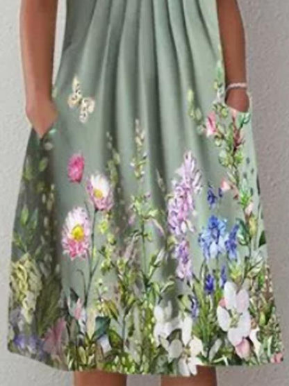 Round Neck Short Sleeve Pleated Front Floral Placement Print Pocket Midi Dress