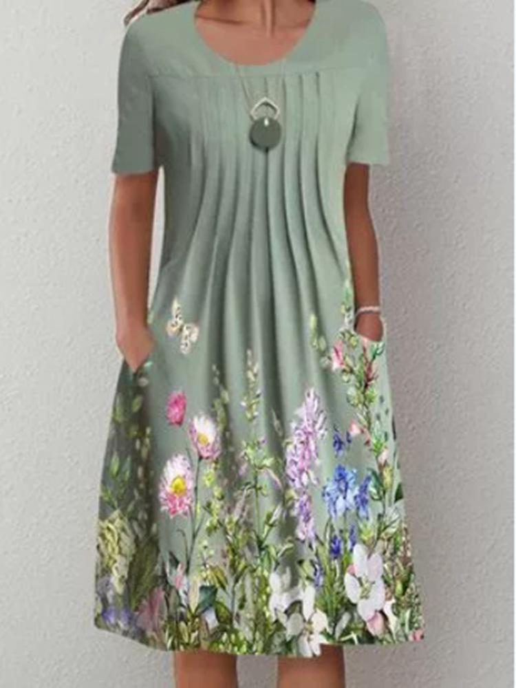 Round Neck Short Sleeve Pleated Front Floral Placement Print Pocket Midi Dress