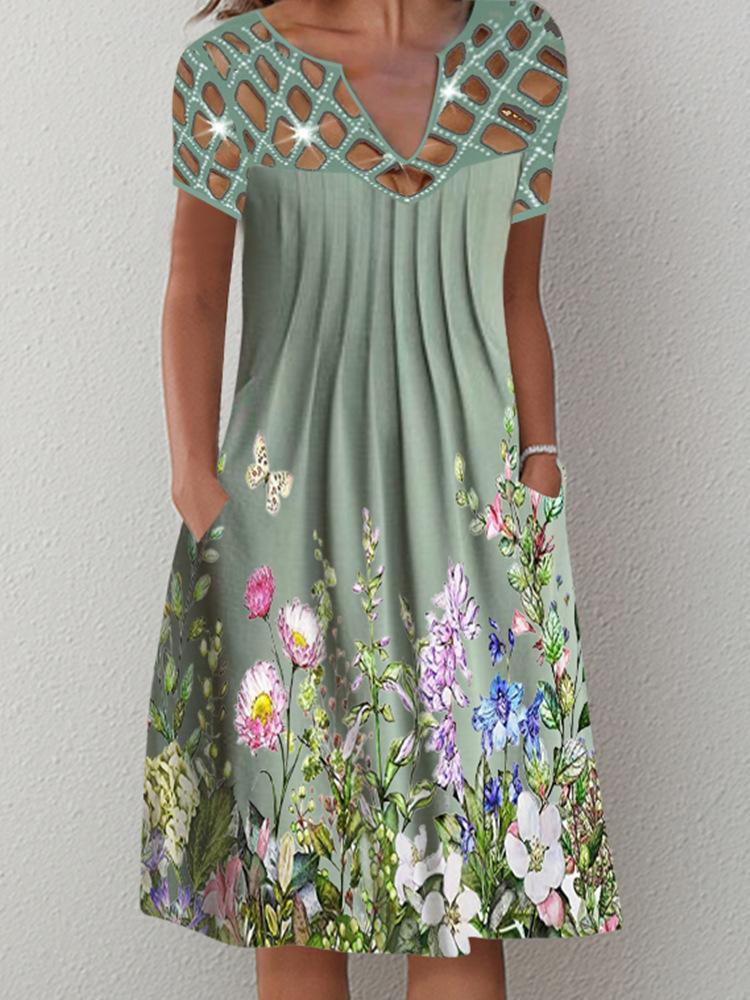 Lattice Cutout V-Neck Floral Print Pleated Pocket Midi Dress