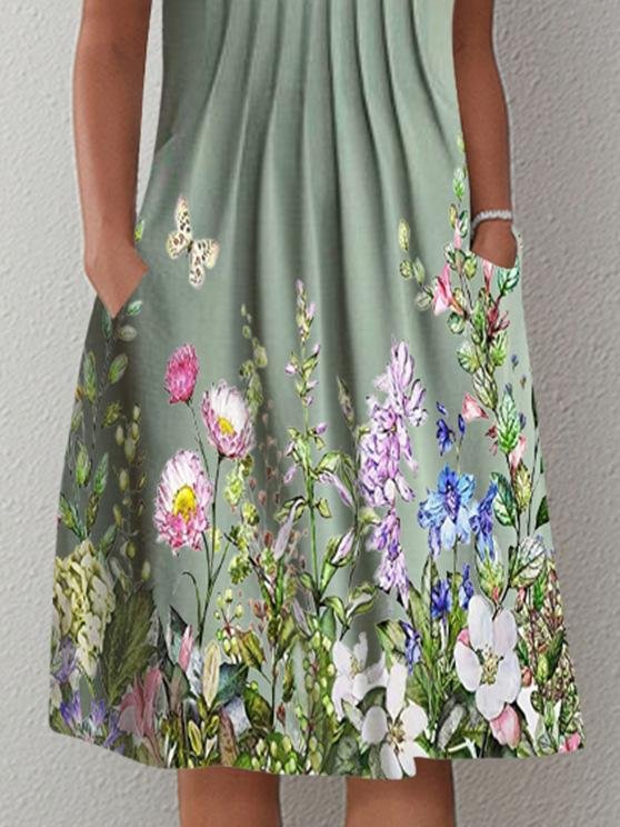 Lattice Cutout V-Neck Floral Print Pleated Pocket Midi Dress