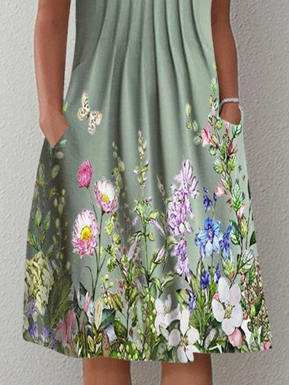 Lattice Cutout V-Neck Floral Print Pleated Pocket Midi Dress