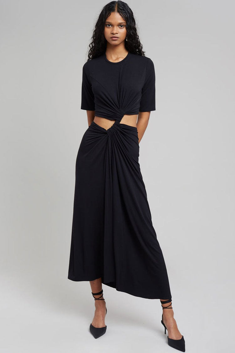 Round Neck Short Sleeve Twist Front Waist Cut Out Pleated Midi Dress