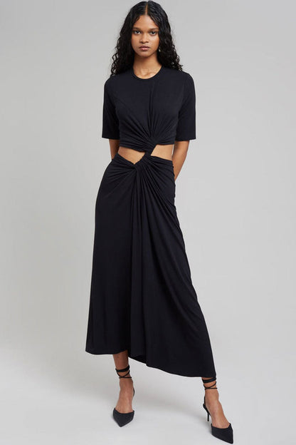 Round Neck Short Sleeve Twist Front Waist Cut Out Pleated Midi Dress