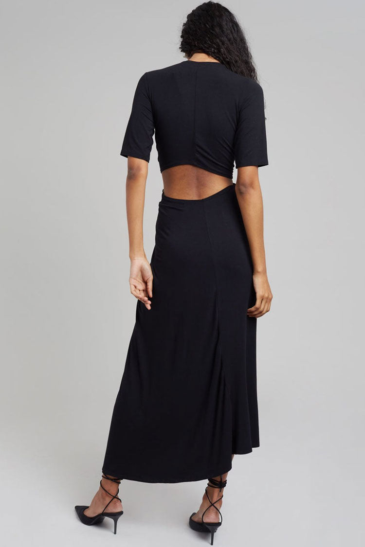 Round Neck Short Sleeve Twist Front Waist Cut Out Pleated Midi Dress