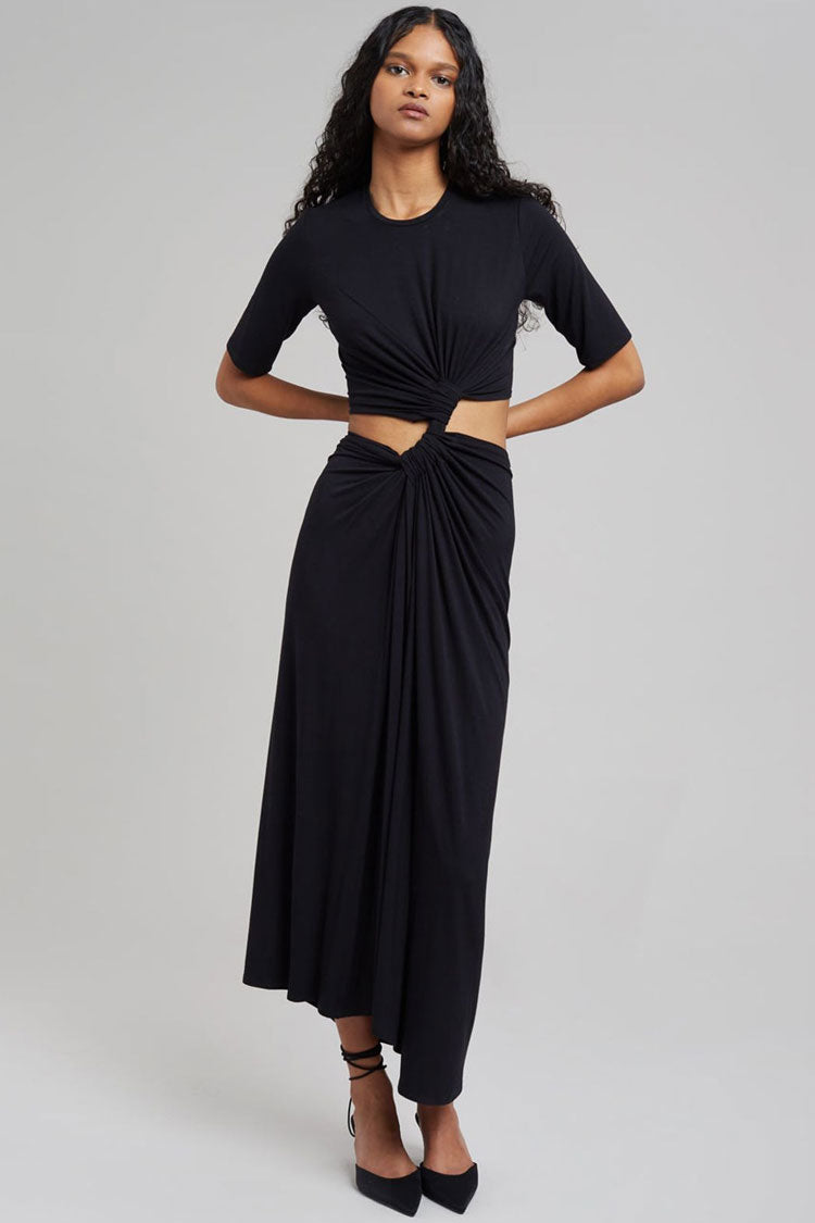 Round Neck Short Sleeve Twist Front Waist Cut Out Pleated Midi Dress