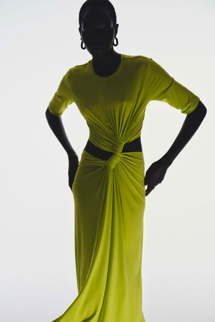 Crew Neck Short Sleeve Twist Front Waist Cutout Draped Midi Dress