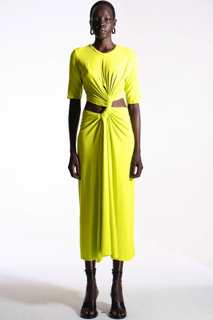Crew Neck Short Sleeve Twist Front Waist Cutout Draped Midi Dress