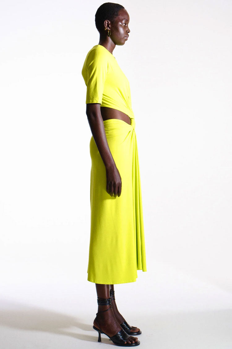 Crew Neck Short Sleeve Twist Front Waist Cutout Draped Midi Dress