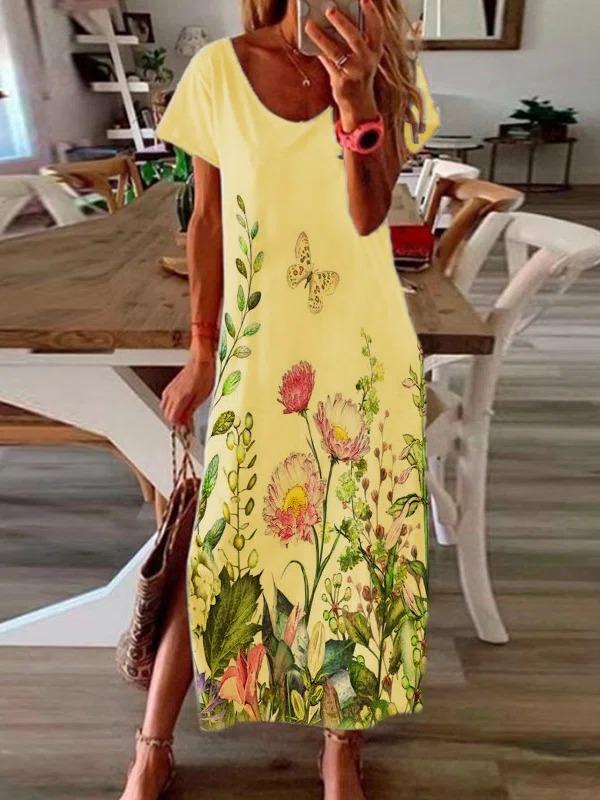 Short Sleeve Butterfly Print Botanical Side Slit Maxi Dress