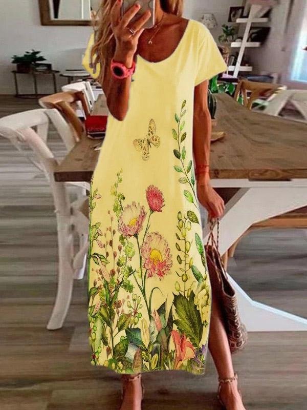 Short Sleeve Butterfly Print Botanical Side Slit Maxi Dress