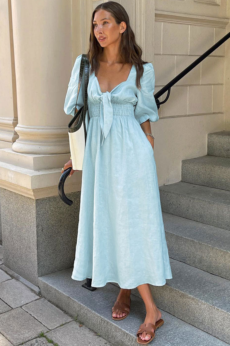 V Neck Tie Front Puff Sleeve Smocked Waist Linen Midi Dress