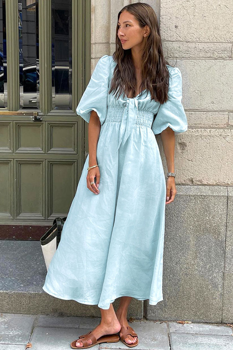 V Neck Tie Front Puff Sleeve Smocked Waist Linen Midi Dress