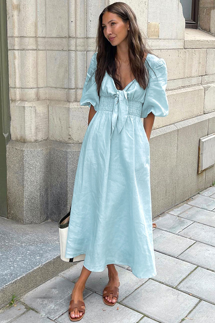 V Neck Tie Front Puff Sleeve Smocked Waist Linen Midi Dress