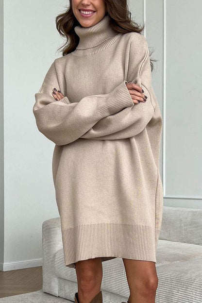 Turtleneck Oversized Balloon Sleeve Ribbed Hem Knit Sweater Mini Dress