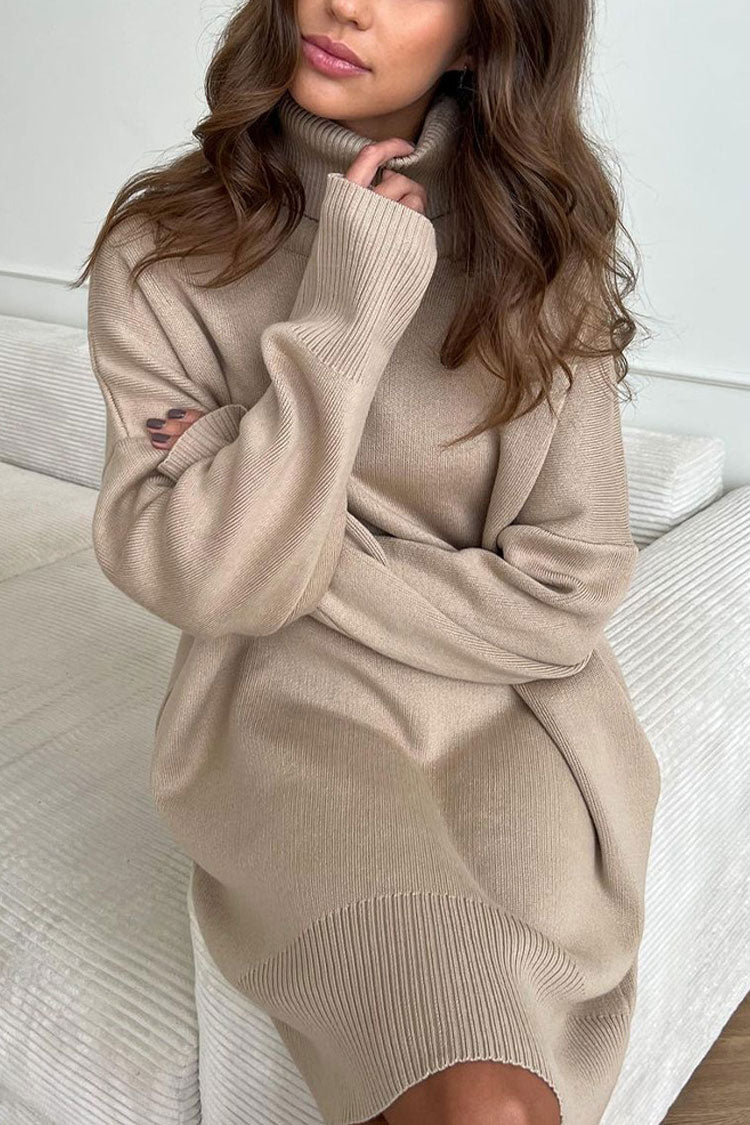 Turtleneck Oversized Balloon Sleeve Ribbed Hem Knit Sweater Mini Dress