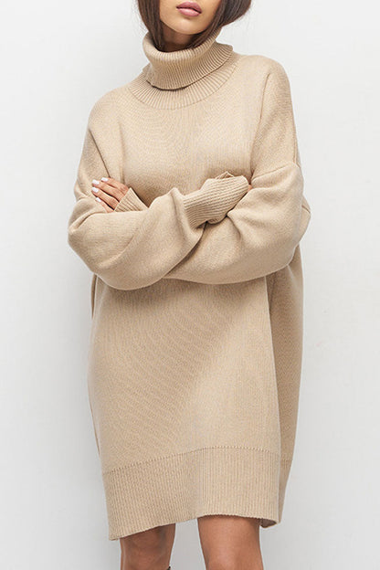 Turtleneck Oversized Balloon Sleeve Ribbed Hem Knit Sweater Mini Dress