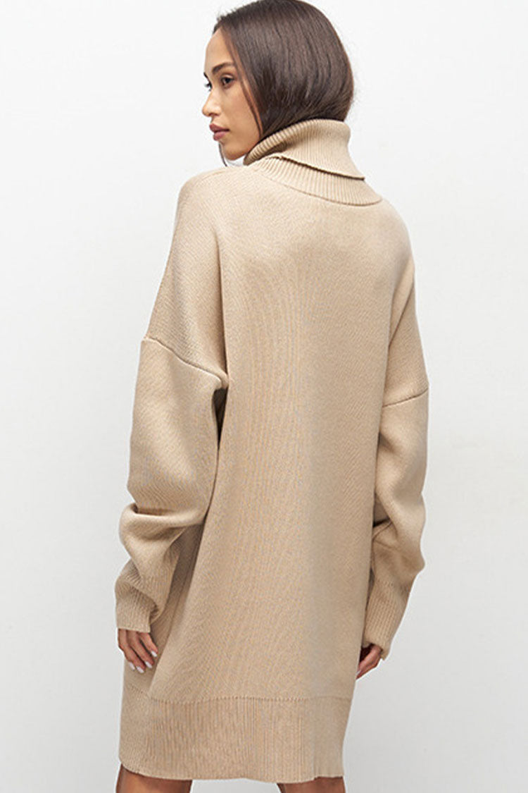 Turtleneck Oversized Balloon Sleeve Ribbed Hem Knit Sweater Mini Dress