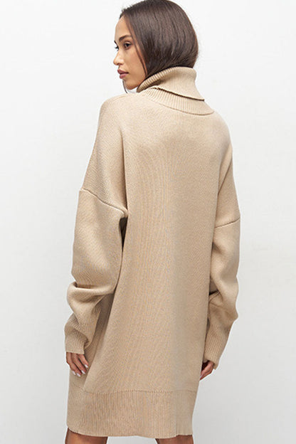 Turtleneck Oversized Balloon Sleeve Ribbed Hem Knit Sweater Mini Dress