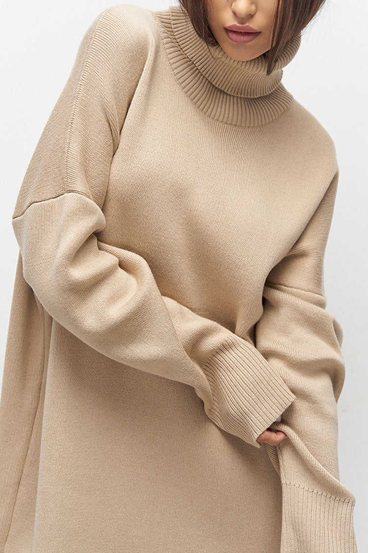 Turtleneck Oversized Balloon Sleeve Ribbed Hem Knit Sweater Mini Dress