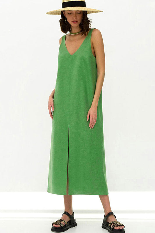 V-Neck Wide Strap Linen Blend Center Front Slit Midi Dress