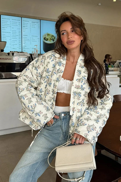 Casual Versatile Printed V-Neck Drawstring Padded Coat