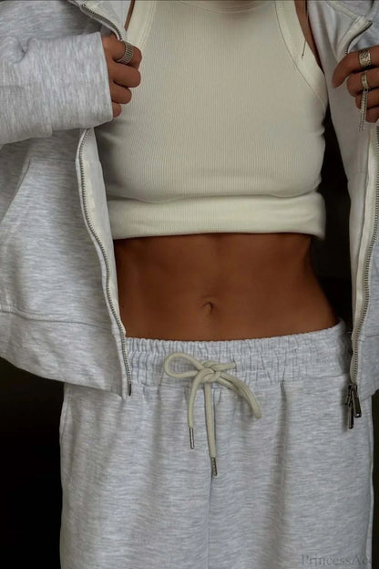 Casual Zip Hooded Embroidered Sweatpants Two Piece Set