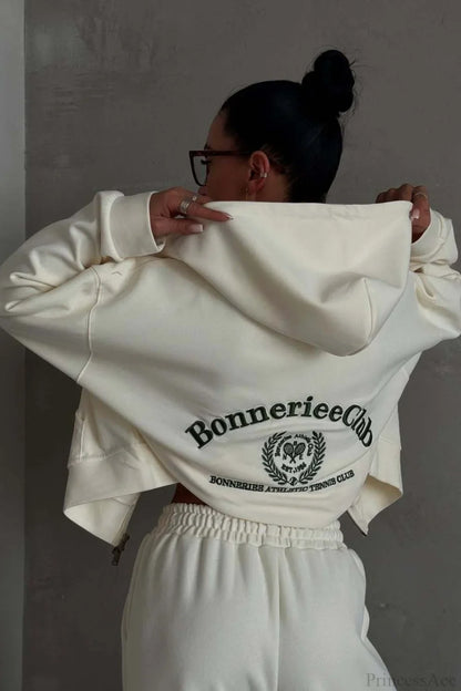 Casual Zip Hooded Embroidered Sweatpants Two Piece Set