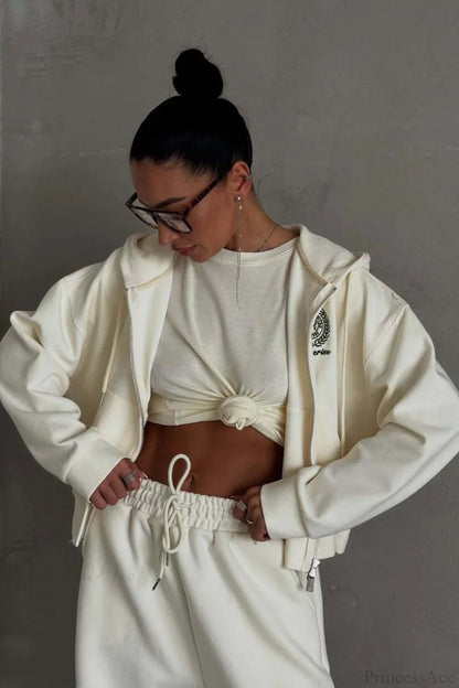 Casual Zip Hooded Embroidered Sweatpants Two Piece Set