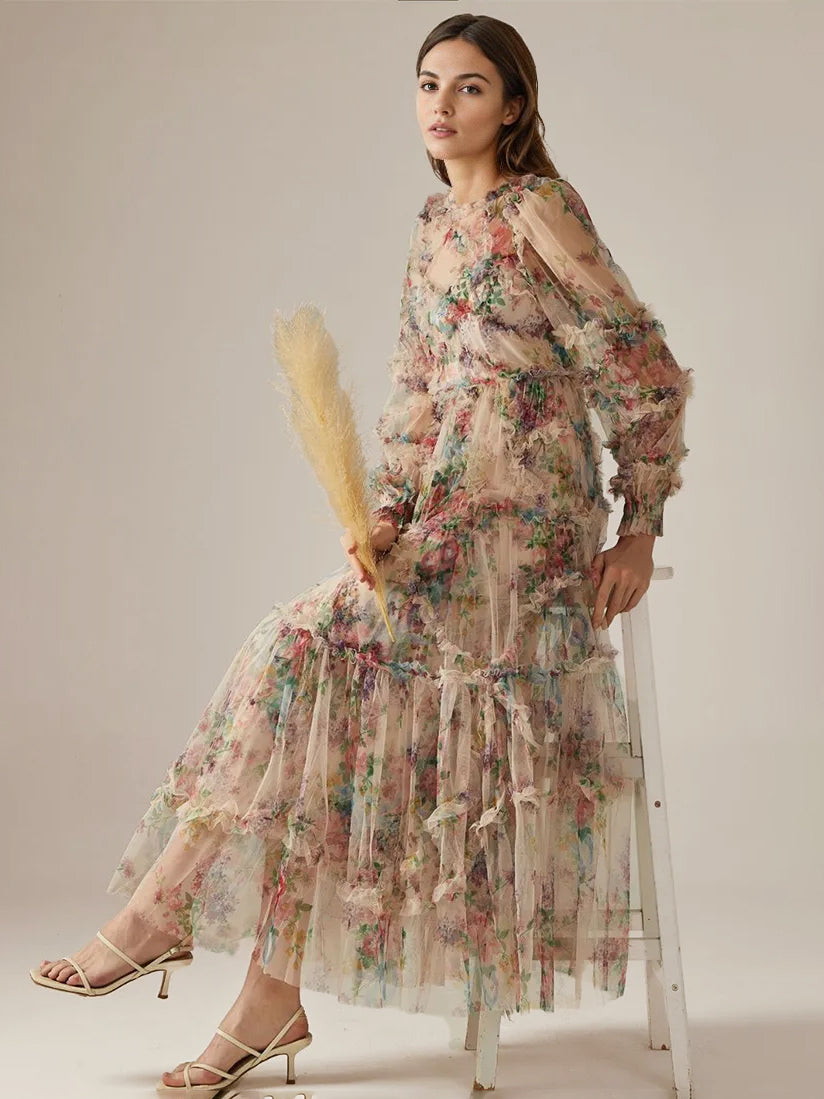 Party Dress Ruffles Layered Illusion Sleeves Elegant Folklore Long Dress