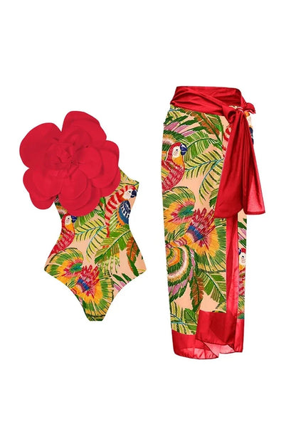 3D Red Floral Embellished One-Piece Swimsuit