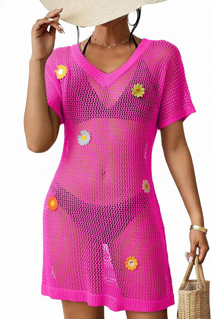 Floral-decorated V-neck Short-sleeved Crochet Cover-up Vacation Mini Dress