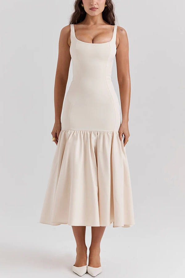 Graceful Silhouette Square Neck Wide Strap Drop Waist Midi Dress