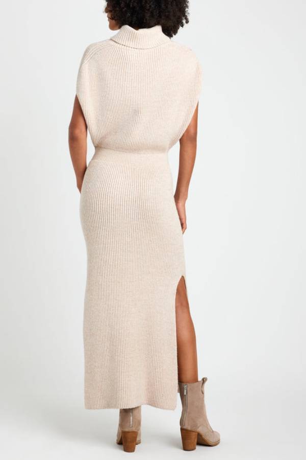 Book Club Knit Turtleneck Cap Sleeve Slit Sweater Midi Dress