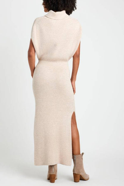 Book Club Knit Turtleneck Cap Sleeve Slit Sweater Midi Dress