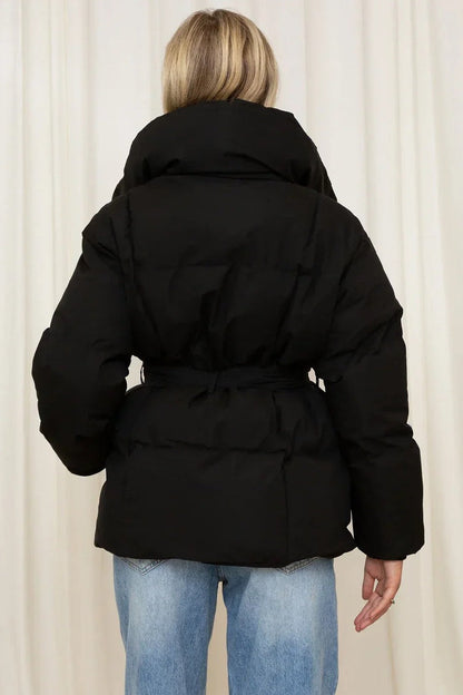 Oversized Solid Color Belted Puffer Jacket