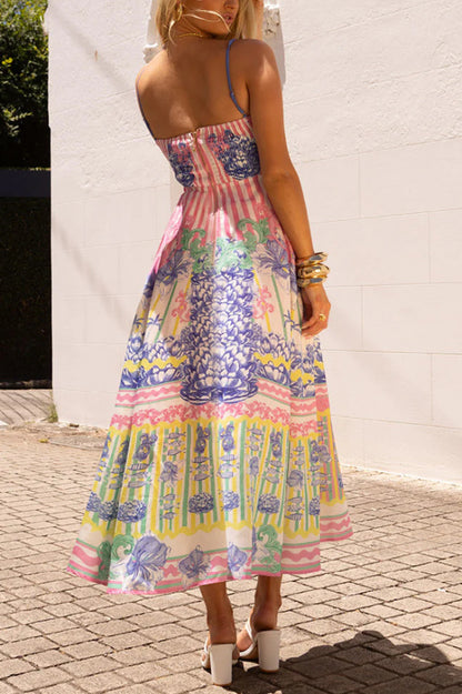 Unique Print Spaghetti Strap Square Neck Fitted Waist Elegant Maxi Dress