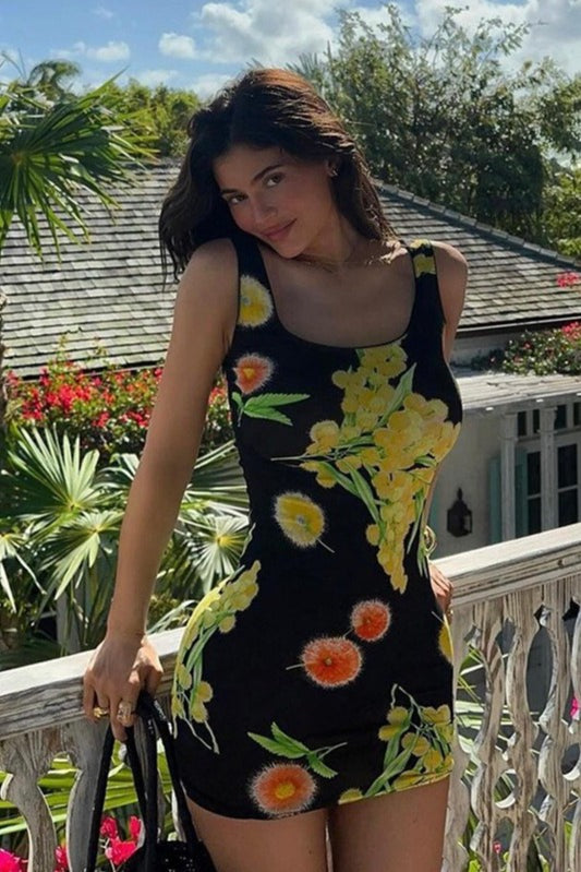 Mimosa Floral Print Scoop Neck Tank Strap Bodycon Mini Dress