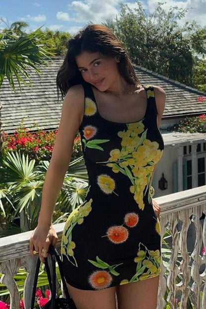 Mimosa Floral Print Scoop Neck Tank Strap Bodycon Mini Dress
