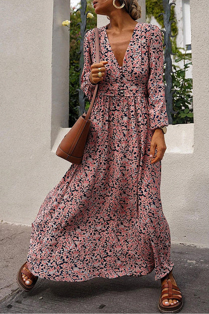 Multicolor Floral Print Buttoned Plunge Neckline Maxi Dress