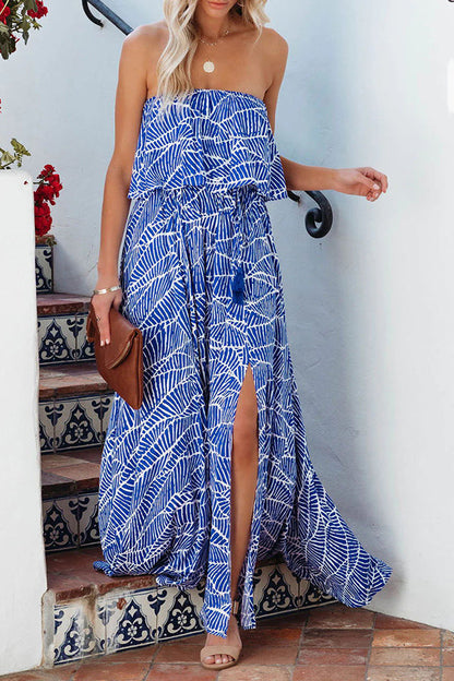Summer Picnic Printed Elastic Waist Strapless Tie Maxi Dress