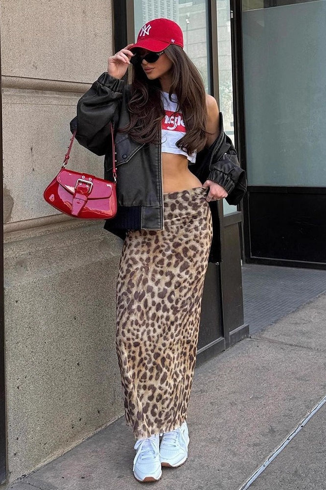 Edgy Leopard High Waist Midi Skirt