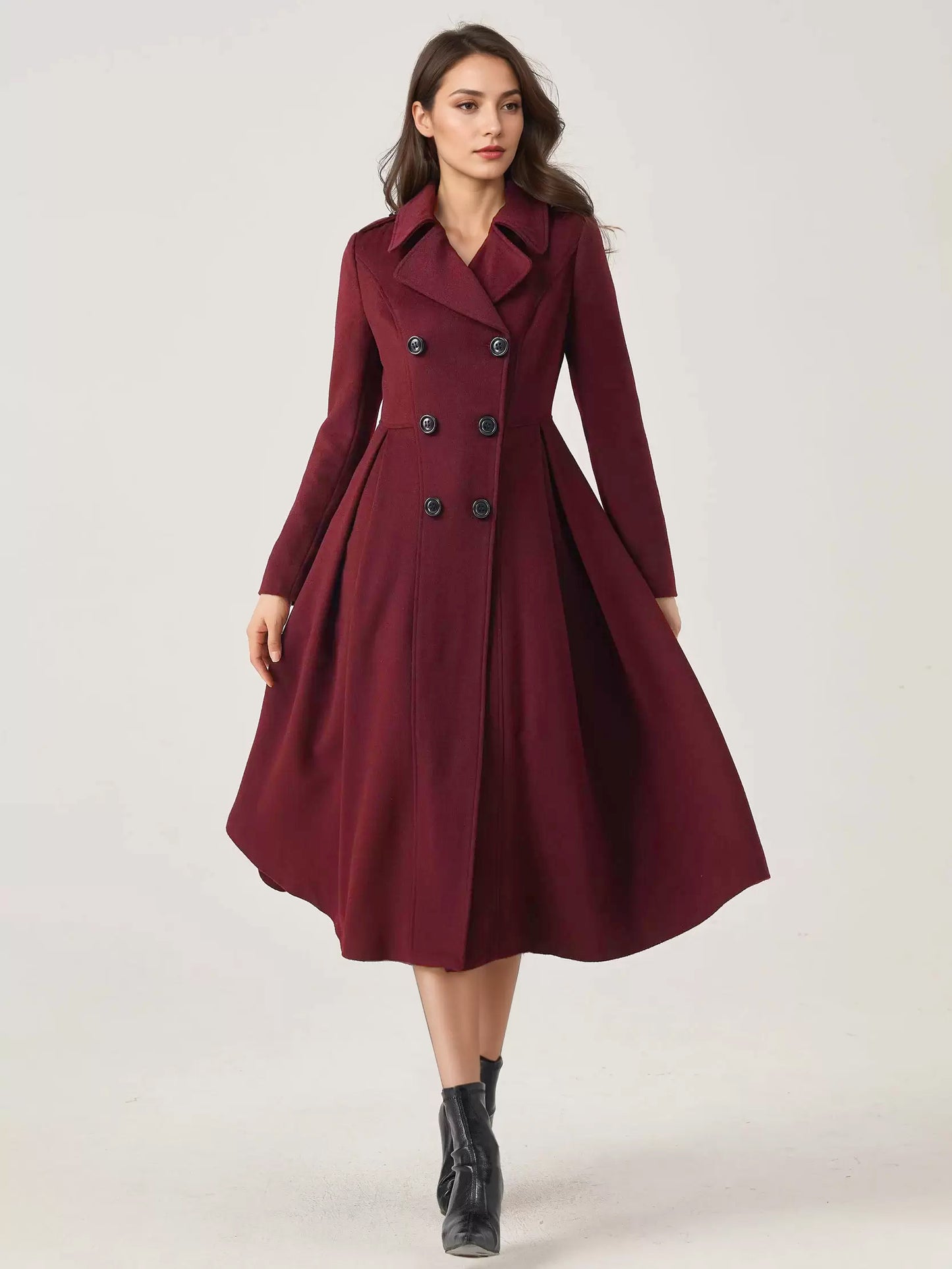 Green Woolen Flared Coat Double-breasted Wide Lapel Winter A-line Midi Outerwear 2026