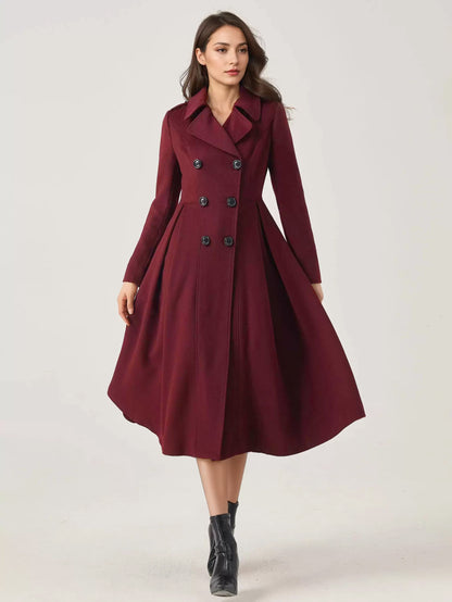 Green Woolen Flared Coat Double-breasted Wide Lapel Winter A-line Midi Outerwear 2026